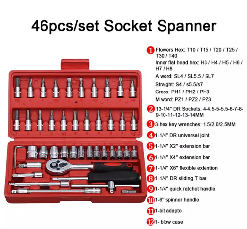 46 Pieces 1/4 Inch Ratchet Socket Repair Wrench Tool Box Set