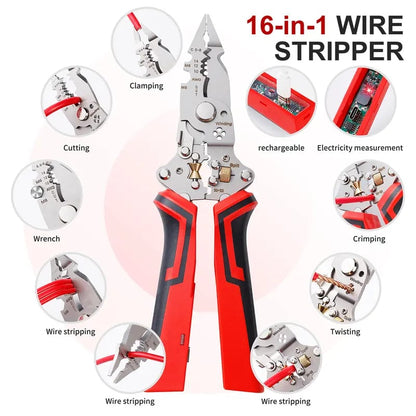 16 in 1 Wire Stripper Twister Pliers 30V-220V Voltage Tester, AC/DC Live Wire Detector