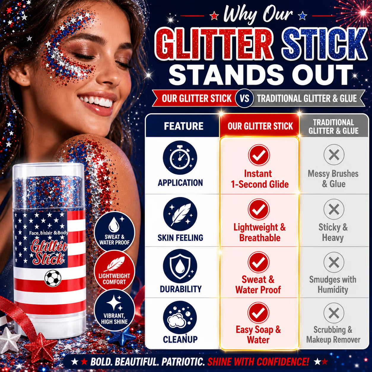 🎉News Last Day 49%off💯- 3-in-1 patriotic glow red white blue glitter body stick
