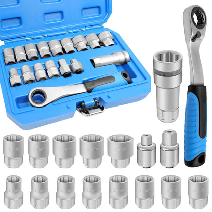🔥Last Day 50% OFF-17-Piece Pass Through Socket Set, Metric 10–24mm, Hollow Ratchet Socket Kit for Automotive Repair & Machine Maintenance