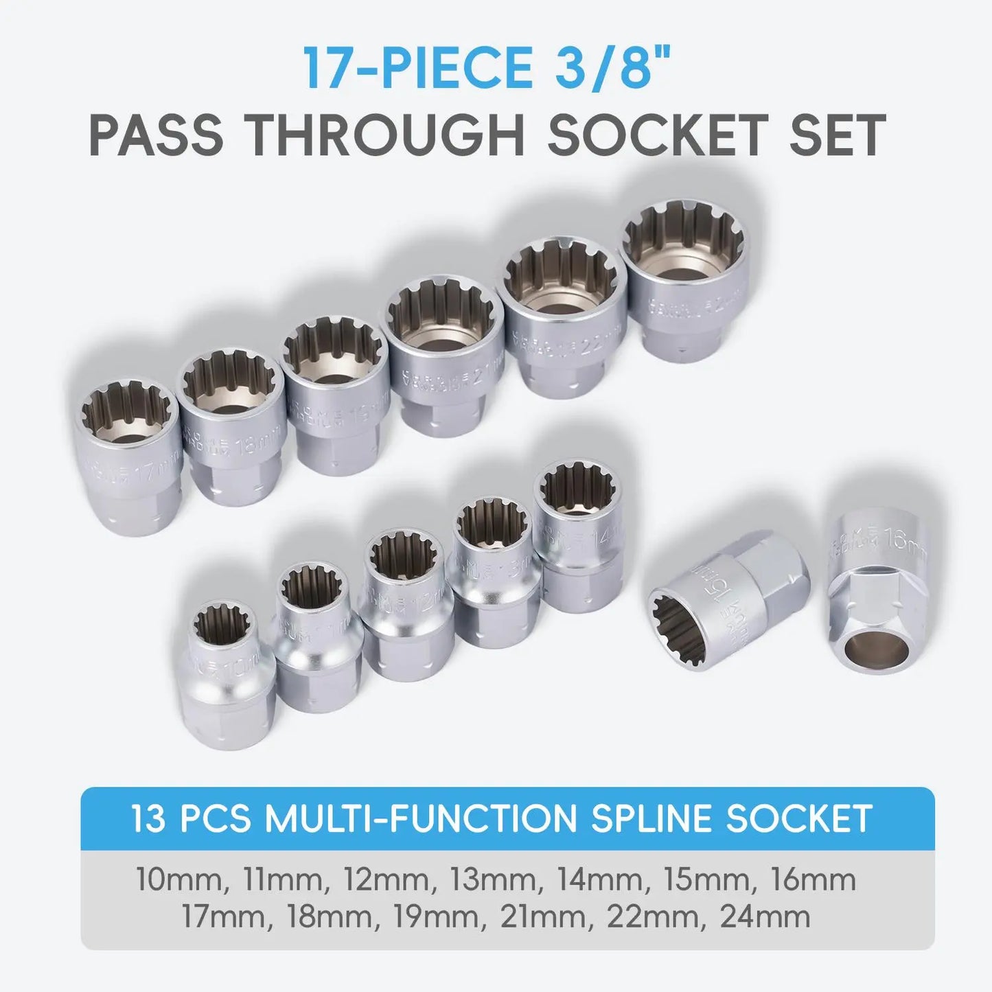 🔥Last Day 50% OFF-17-Piece Pass Through Socket Set, Metric 10–24mm, Hollow Ratchet Socket Kit for Automotive Repair & Machine Maintenance