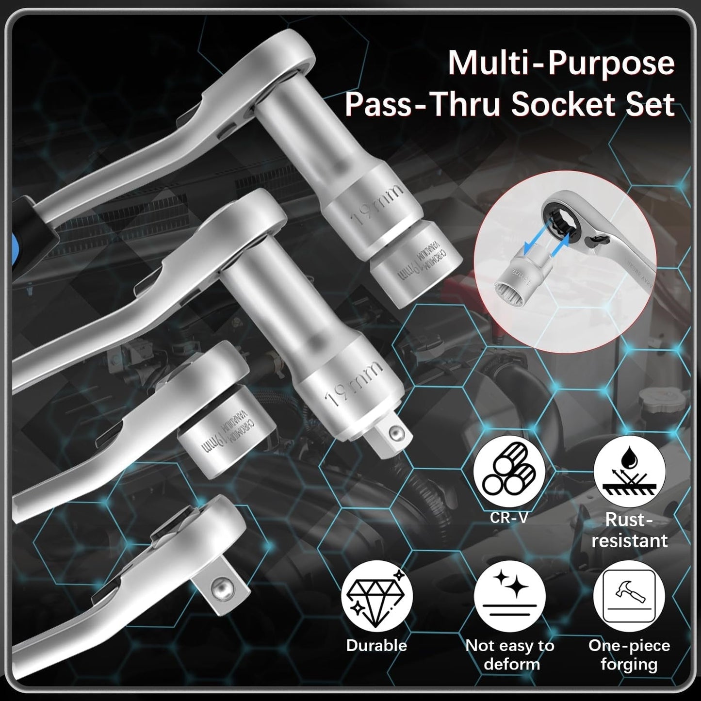 🔥Last Day 50% OFF-17-Piece Pass Through Socket Set, Metric 10–24mm, Hollow Ratchet Socket Kit for Automotive Repair & Machine Maintenance