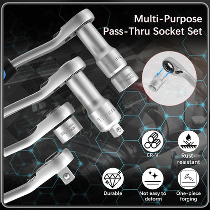 🔥Last Day 50% OFF-17-Piece Pass Through Socket Set, Metric 10–24mm, Hollow Ratchet Socket Kit for Automotive Repair & Machine Maintenance